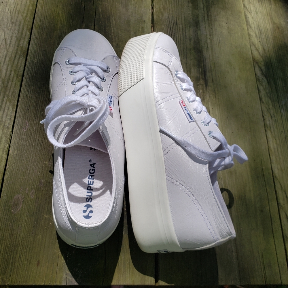 Superga White Leather Platform Sneakers - Picture 4 of 8